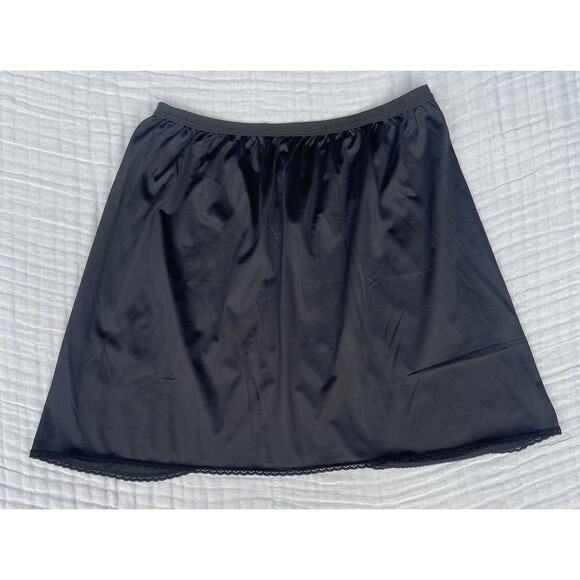 Vintage Vanity Fair Satin Mini Skirt Half Slip Women Large Black Nylon Lace Trim - Picture 1 of 11